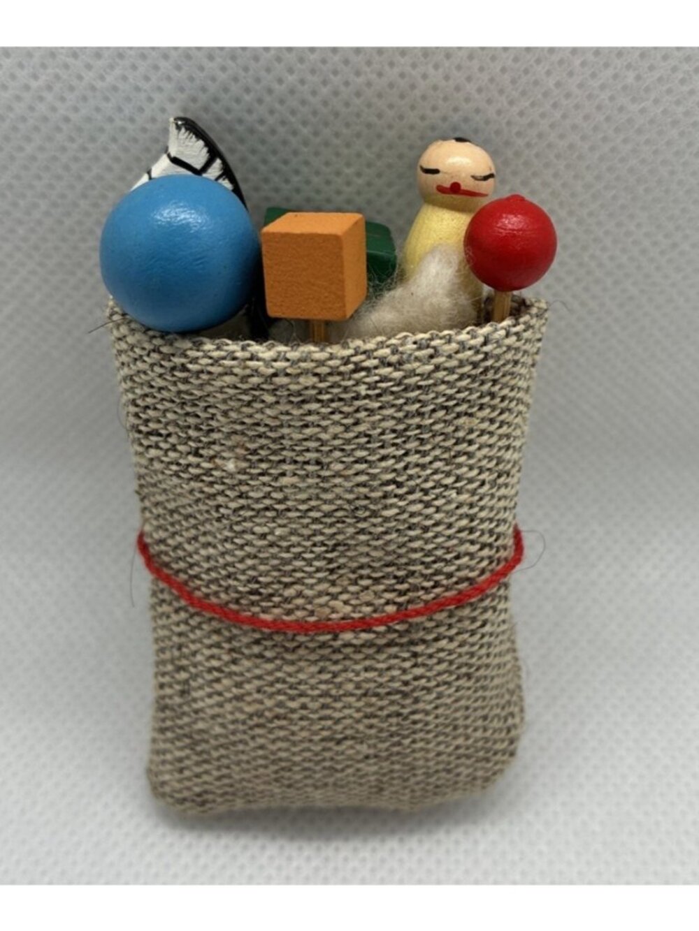 Vintage Miniature Toy Sack Tiered Tray Decor Wooden Toys Christmas Holiday Decor